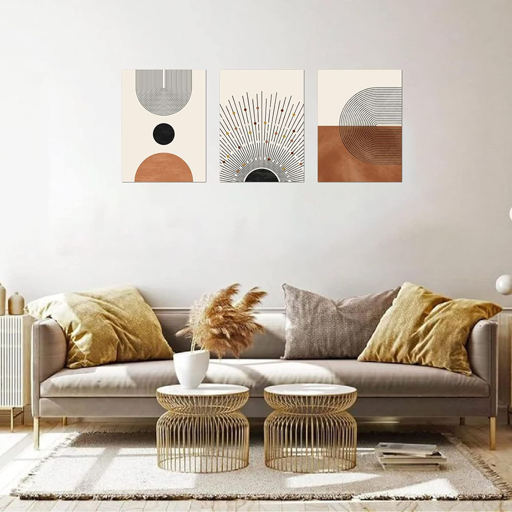 Wall Art Set Of 3, Mid-Century Modern, Neutral Geometric Line Sun, Framed Abstract Boho Art Prints, Bathroom Bedroom Living Room Office Decor