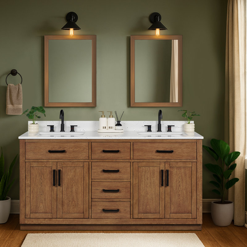 66'' Double Bathroom Vanity with Drawers, Shelf, Outlet, and Engineered Marble Top, Dark Brown Walnut, 66''
