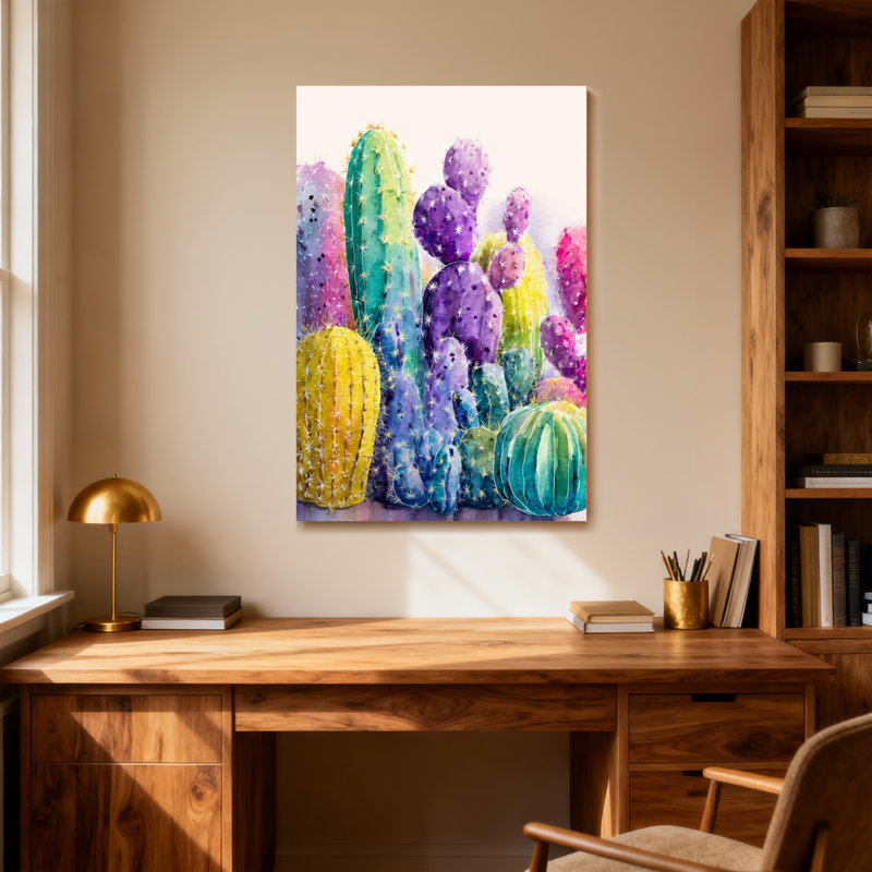 Plantes et fleurs, impression de cactus colorés à l'aquarelle, H 36 po x l 24 po