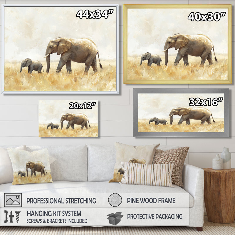 Éléphant avec son bébé en Afrique - Éléphant, art mural, H 34 po x l 44 po, Impression encadrée flottante, Brun