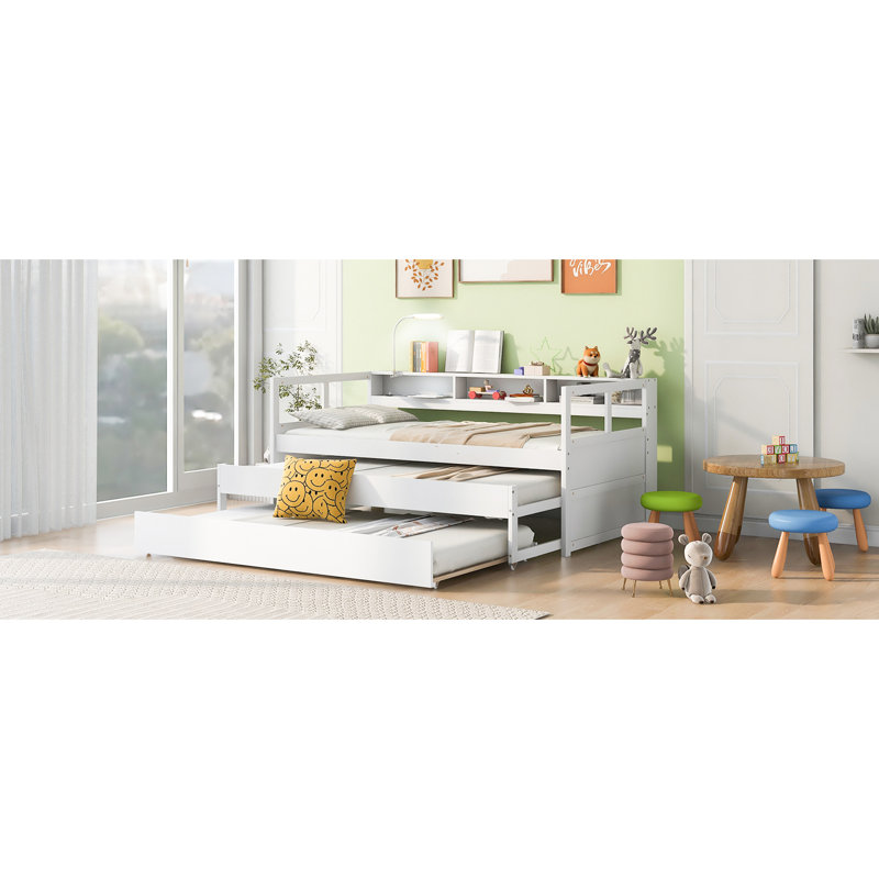 Lit de jour simple en bois TG, blanc, 2 lits gigognes, 3 espaces de rangement, de chargement et peu encombrant, Blanc