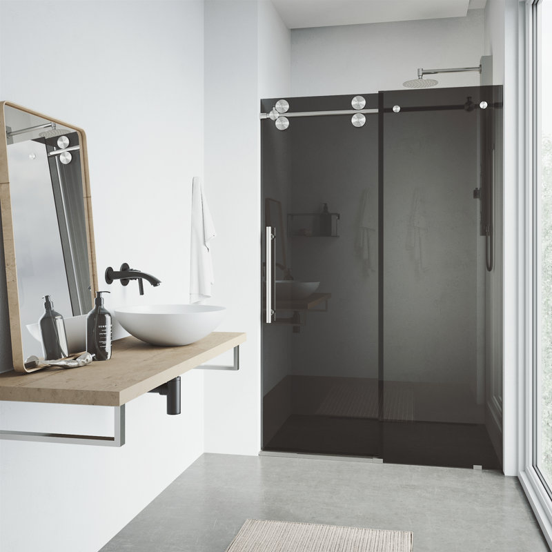 Elan 56-60" W x 74" H Sliding Frameless Shower Door with 3/8" Tinted Glass, Stainless Steel