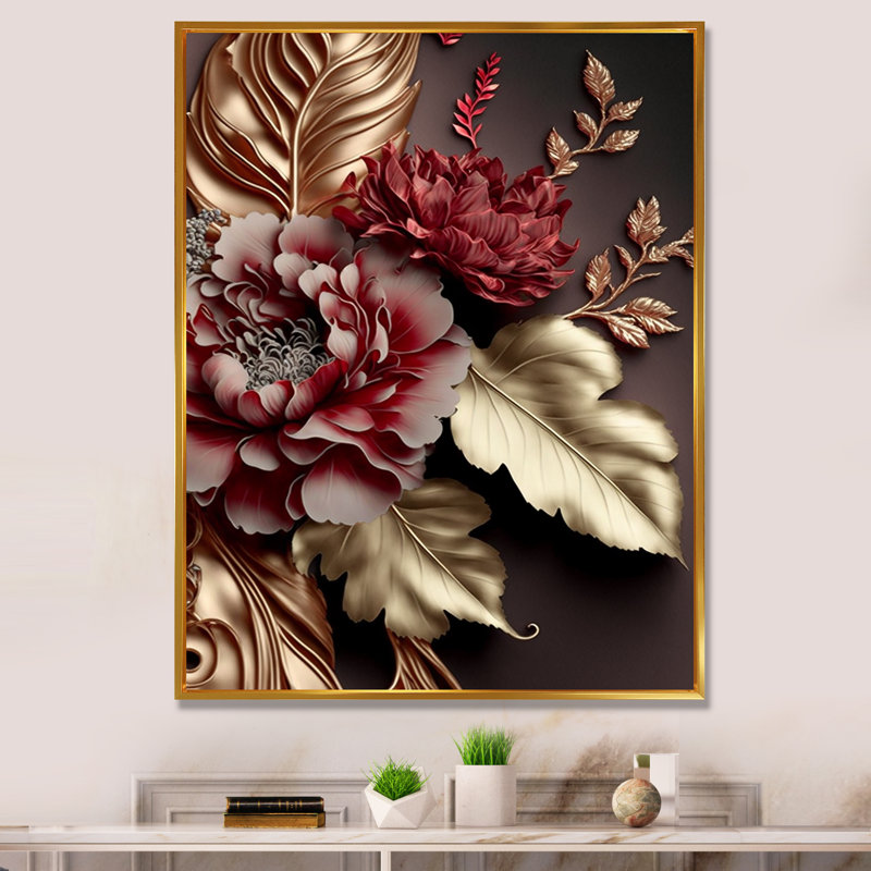 Art floral sur toile rose, impression de fleur rétro - Glam rétro II, L 12 po x H 20 po, Toile avec cadre flottant or