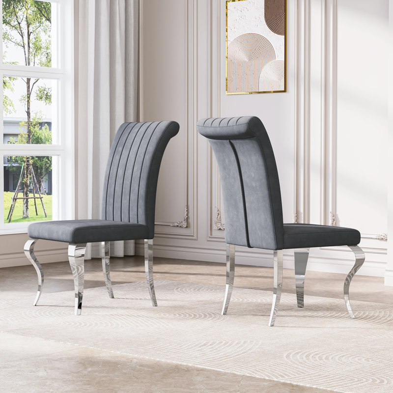 18.5”H Modern Dining Chairs, Arm Less Chair With Polished Stainless Steel Legs, Gray, Silver
