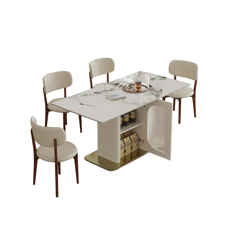 Ensemble de table de salle à manger de 63 po pour 4 à 6 personnes avec rangement, plateau en pierre brûlée et base en bois massif, comprenant 4 chaises en polyuréthane pour la cuisine et un appartement