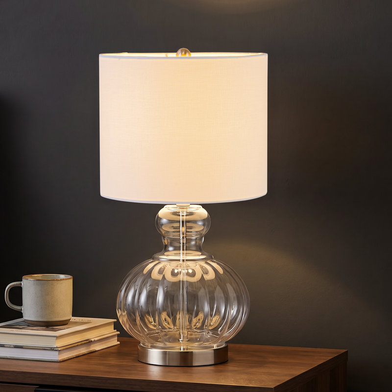 Lampe de table gourde transparente 20,25 po avec base en verre et abat-jour en tissu blanc, Clear