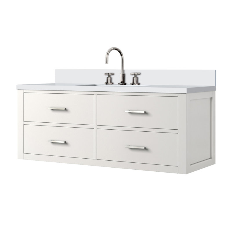 Ensemble de meuble-lavabo simple blanc l 48 po x P 22 po, comptoir en quartz blanc et robinet, Blanc