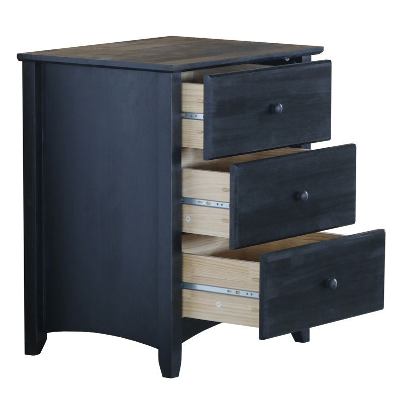 Solid Wood 3-drawer Nightstand In Black Wash, Black Wash