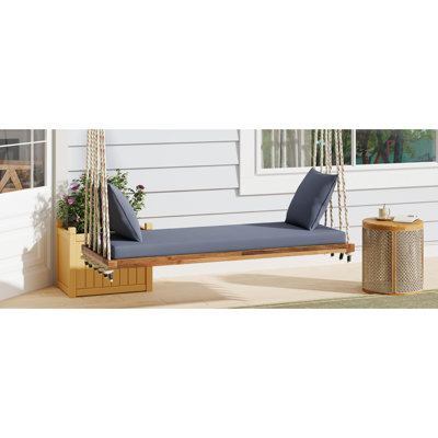 Balançoire de jardin suspendue avec structure en bois, cordes en chanvre de 3,3 m, coussin d'assise et 2 oreillers, capacité de 181 kg, 5 couleurs disponibles, schémas de charge