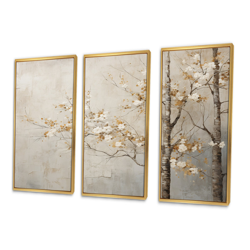 Arbres beiges Harmony III - ensemble d'art sur toile, Cadre flottant doré, H 32 po x l 48 po x P 1 po
