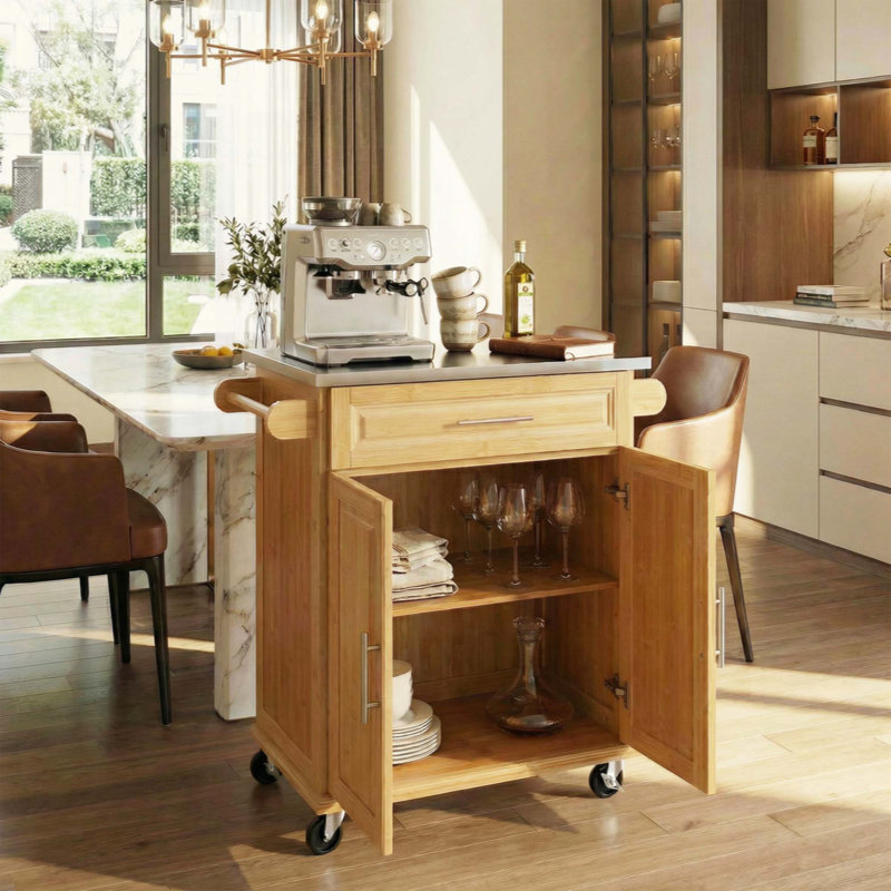 Chariot de cuisine intérieur en bambou compact avec plateau en acier inoxydable - Îlot de rangement mobile avec tiroir et armoire pour petits espaces