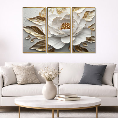 Ensemble de salon art mural pivoines blanches et dorées Bloom III
