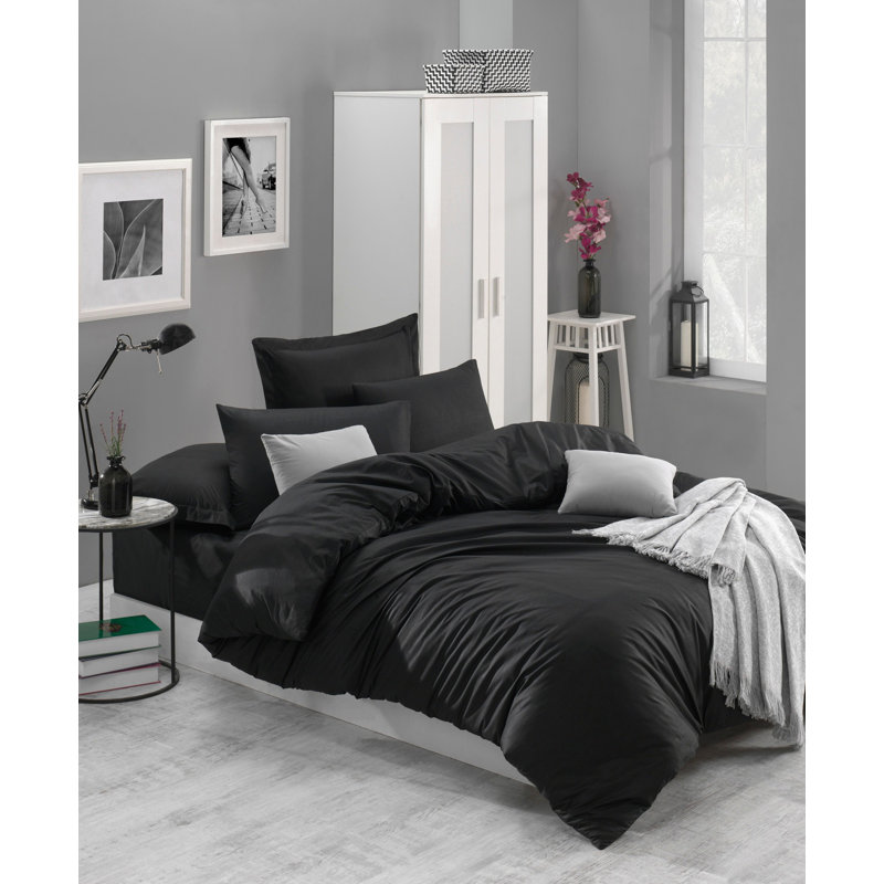 Ensemble de housse de couette 100% coton, Housse de couette double TG + 2 taies d'oreiller s, Noir