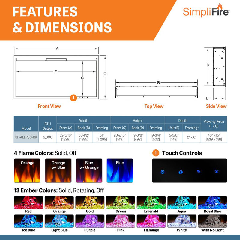 SimpliFire Allusion Platinum Linear Electric Fireplace, 50" W