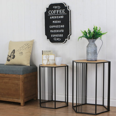 Set Of Two 24" Black And Brown Solid Wood And Steel Hexagon Nested Tables