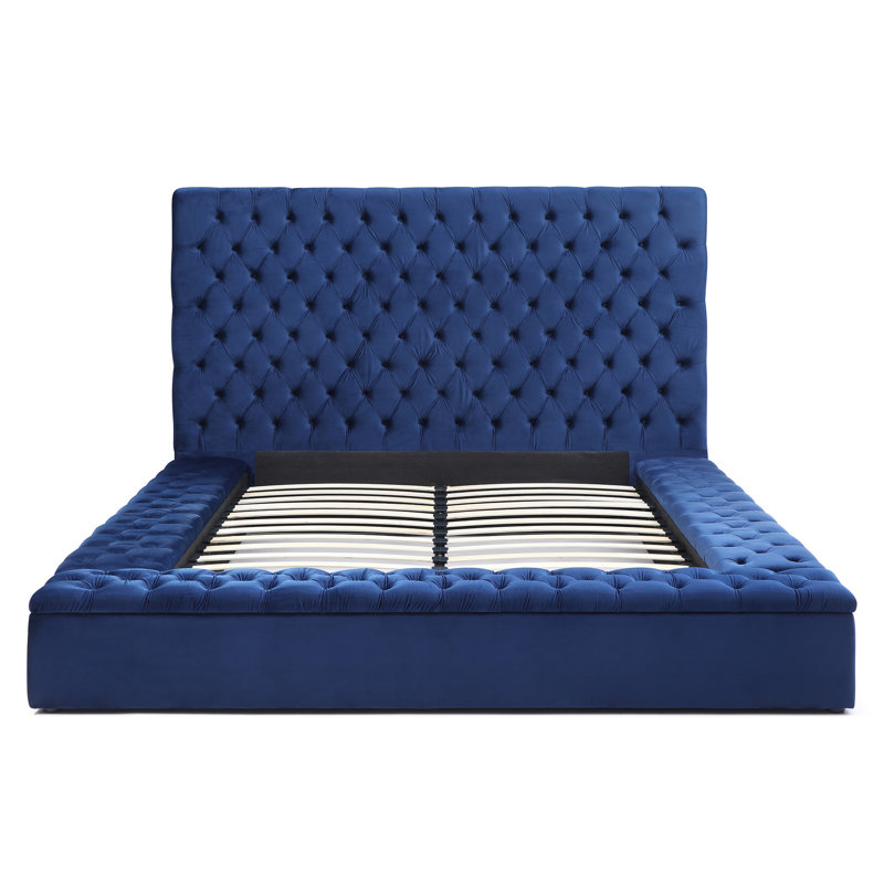Lit plateforme tapissier Mikara, Bleu, Très grand