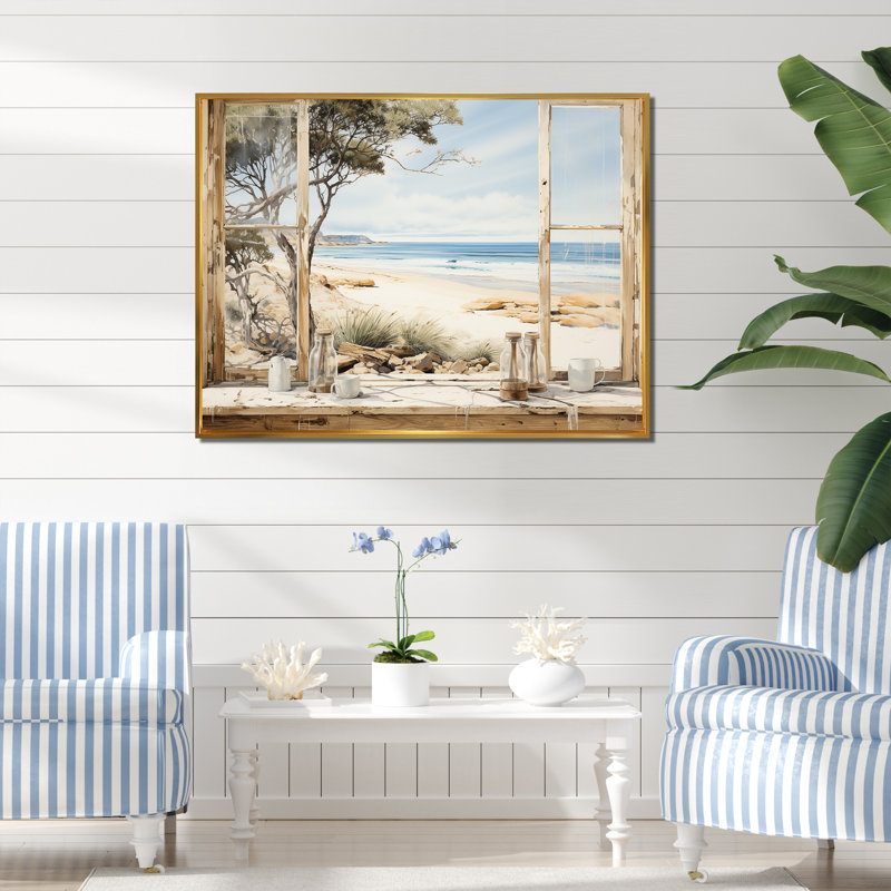 «Beachside Cottage Charm I - Coastal Windows», art mural, Cadre flottant doré, H 24 po x l 32 po x P 1 po