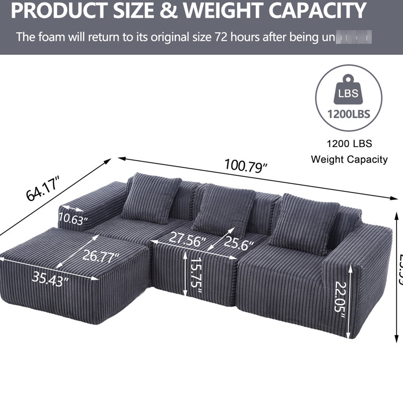 Dark Grey Modular Sectional With Versatile Chaise And Deep Seating Option 3 Upholstered Seats Relaxing