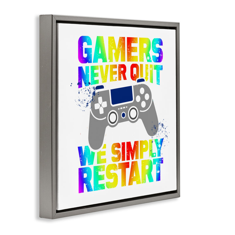Cadre flottant Rainbow Gamers Never Quit, conception de Kim Allen, H 25 po x l 25 po, Cadre flottant gris lustré