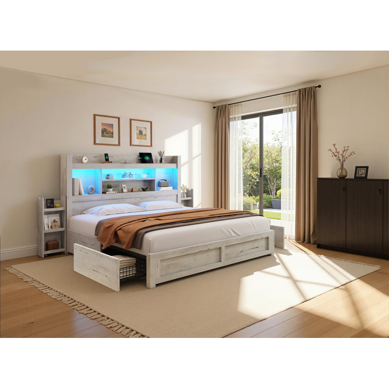 Structure de lit double avec 4 tiroirs de rangement Sherell, blanc, Blanc, Double