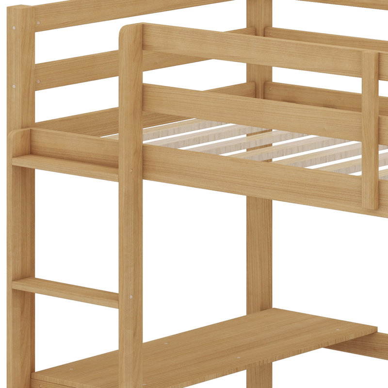 High Wood Loft Bed, With Safety Guardrail, Built-In Desk, Ladder, Oak