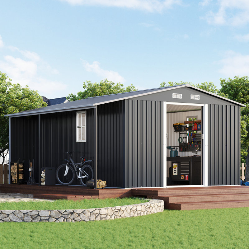 12 × 12 × 6.6 ft Galvanized Metal Storage Shed with Open Firewood Bay, Sliding Doors & Ramp, 2 Windows & Vents – Dark Grey/White