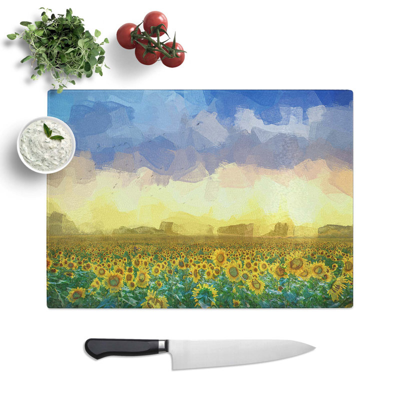 Glass Flock of Birds Above Sunflowers in Abstract Chopping Board, 39 cm W x 28.5 cm L