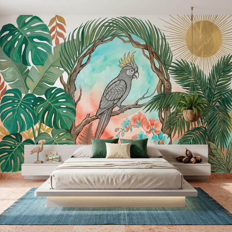 Papier peint Cockatoo Tropical, 160 po x 108 po, Peler et coller
