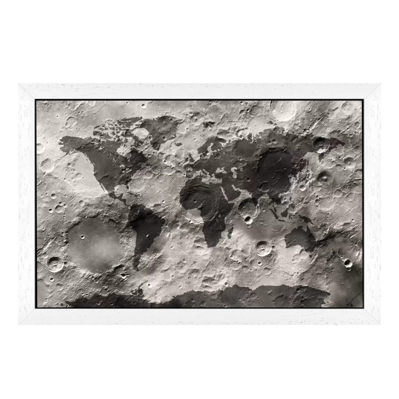 World Map On The Moon's Surface by Michael Tompsett - Print on Canvas, 66.04 cm H x 45.72 cm W x 1.91 cm D, White Framed