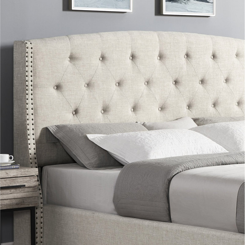 Ensemble de chambre à coucher à oreilles, 3, grand lit et tables de chevet, beige, collection Wood 3, 2 forts