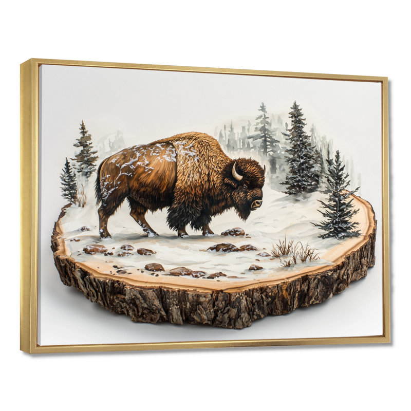 Marven Bison in Winter Forest Landscape II - Bison, art mural, H 30 po x l 40 po, Cadre flottant, Doré