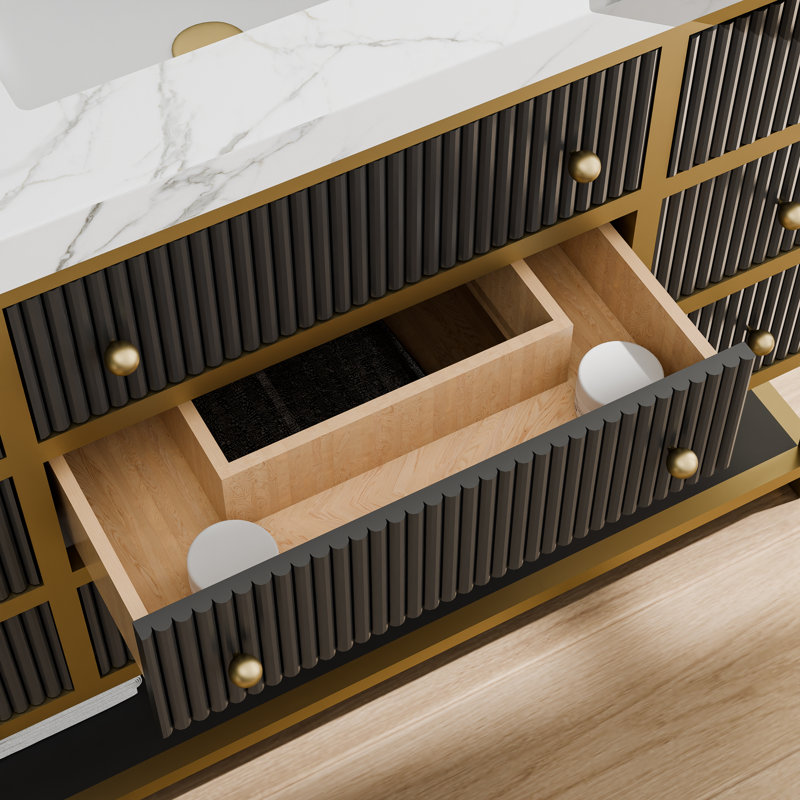 Ensemble de meuble-lavabo simple autoportant en chêne massif 48 po avec éclairage DEL Celestia, avec tiroirs cannelés et comptoir en pierre noir avec cadre doré