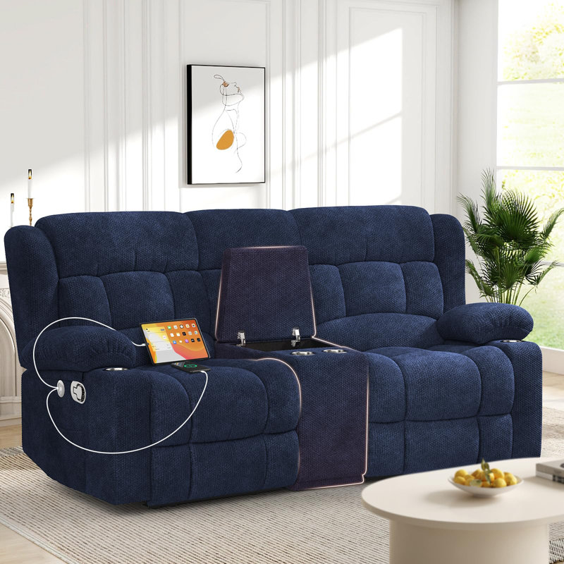 Loveseat Recliner Sofa, 2 Seater Curved Sofa for Living Room, Fabric Manual Pull Tab Reclining Loveseat with Storage Console, Recliner Loveseat Couches with USB Charge Ports, Cup Holders