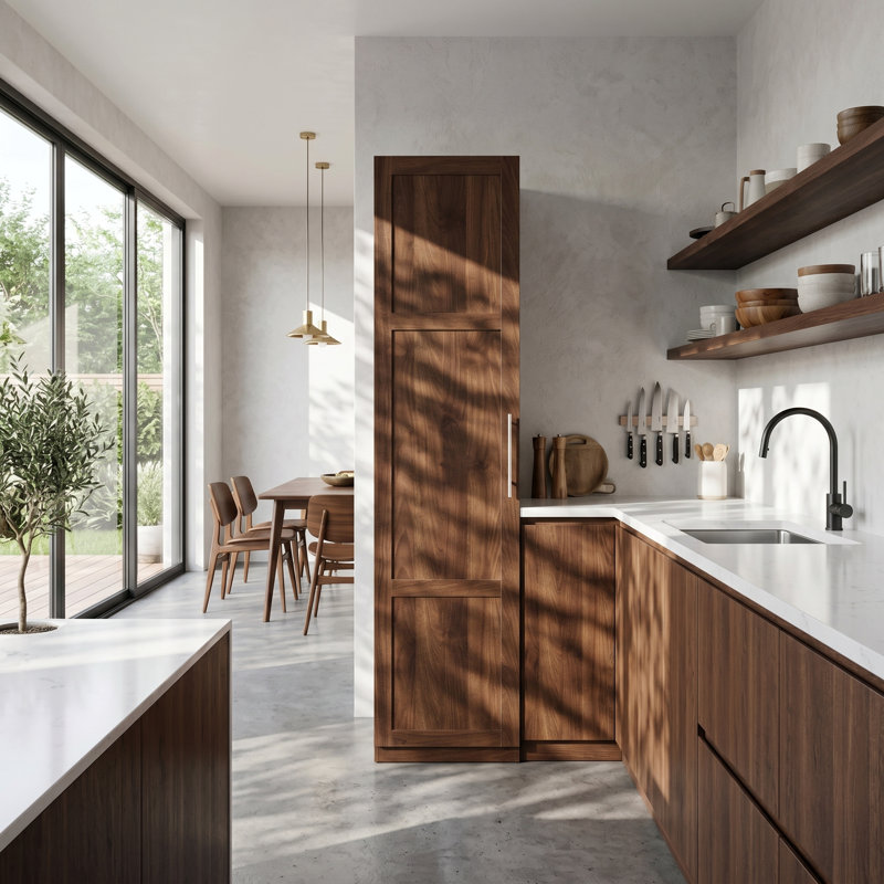 Armoire de cuisine avec portes et tablettes, finition noyer