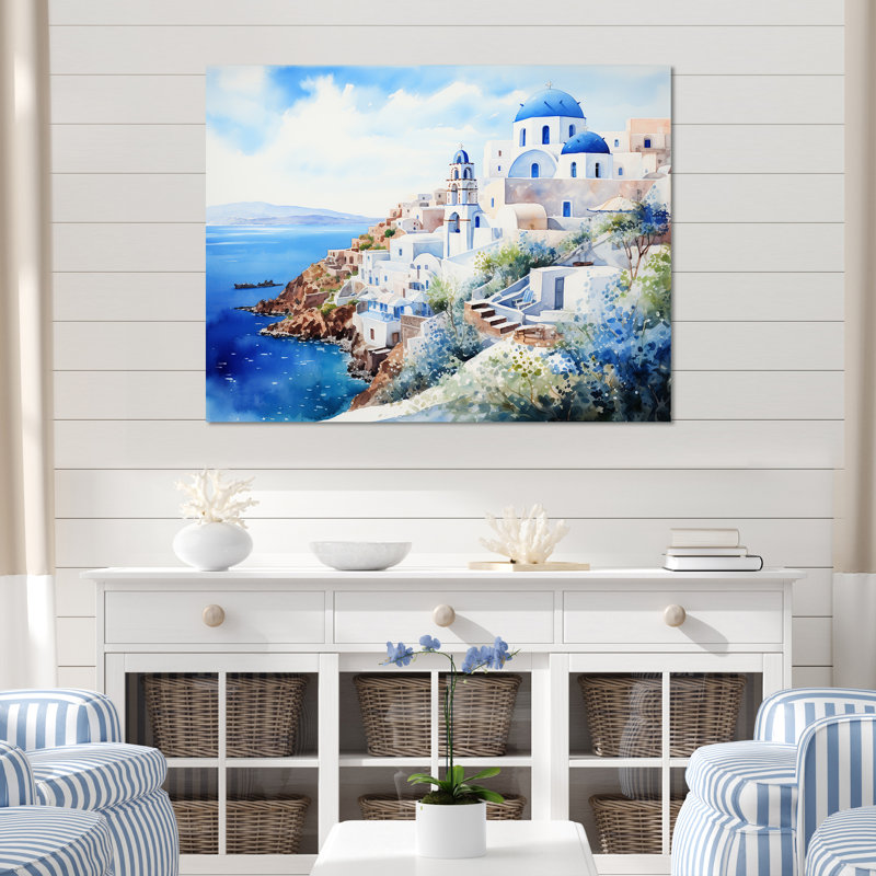 Art mural bleu et blanc Santorini II - Grèce, Cadre d'angle fermé noir, H 30 po x l 40 po x P 1,5 po