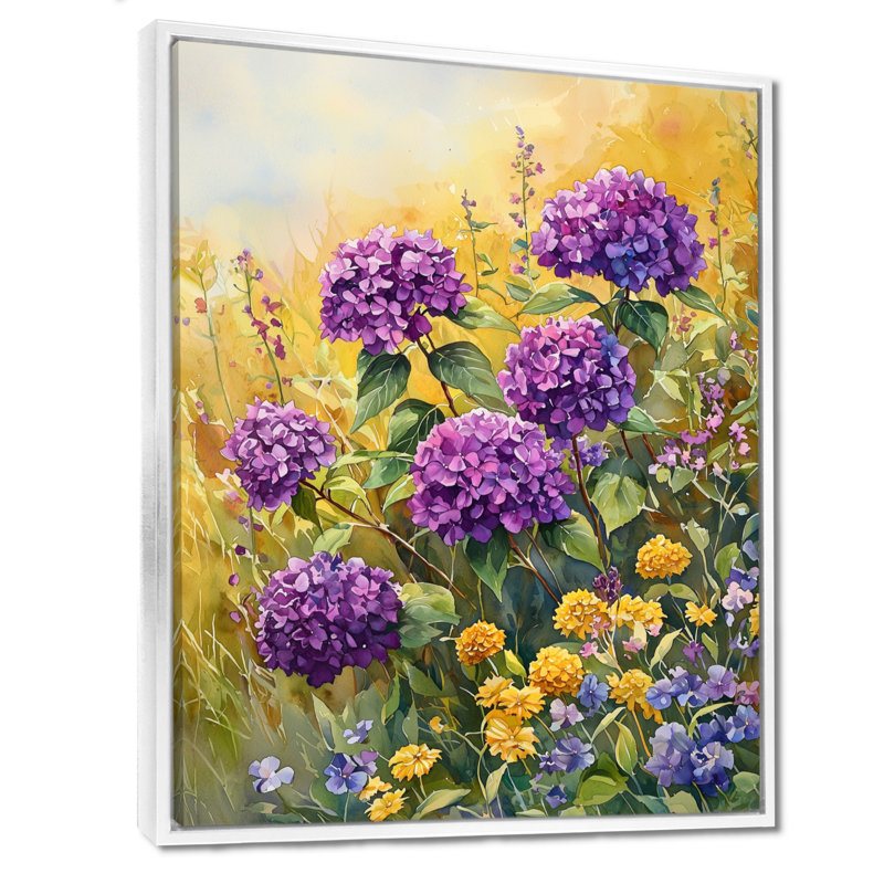 Hortensias dans un champ ensoleillé III - hydrangées, art mural, H 40 po x l 30 po, Reproduction avec cadre flottant, Blanc