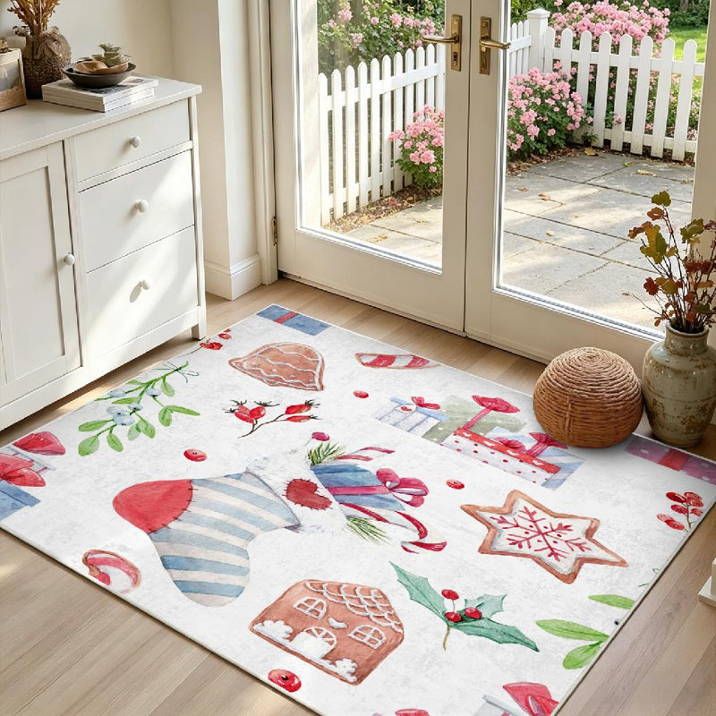 Tapis d'intérieur blanc lavable à la machine, motif aquarelle de Noël avec cadeaux et herbes., Rectangle 39 po x 63 po