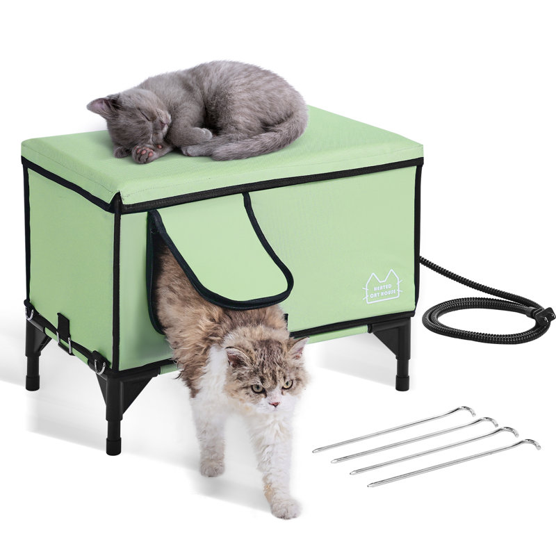 Abri pour chat surélevé chauffé pour chat avec coussin chauffant vert (M)