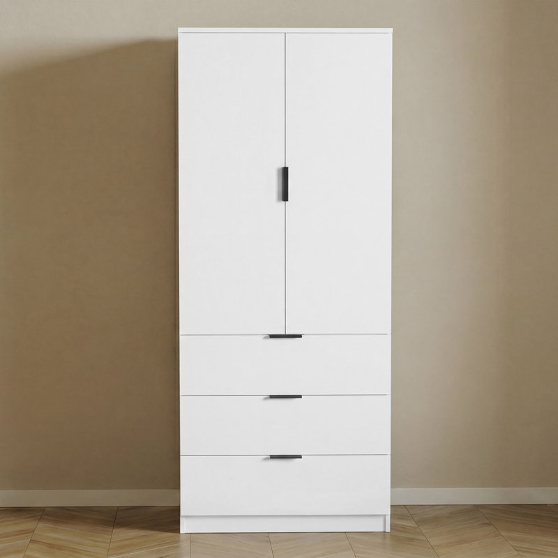 Modern 2 Door 3 Drawer Wardrobe with Hanging Space for Bedroom Storage & Organisation, White