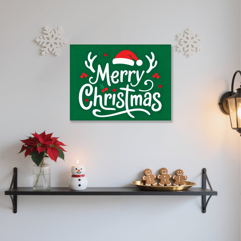 Joyeux Noël, chapeau de père Noël et bois de renne sur toile, H 16 po x l 24 po