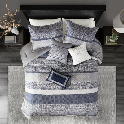 Édredon 7 pièces bleu marine - luxe avec tissu, broderie, rayures lavables, coussins brodés, literie à la machine