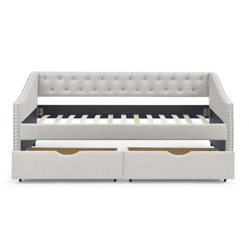 Upholstered Tufted Daybed Sofa Bed With Drawers, Button And Copper Nail On Waved Shape Arms, Beige, Twin