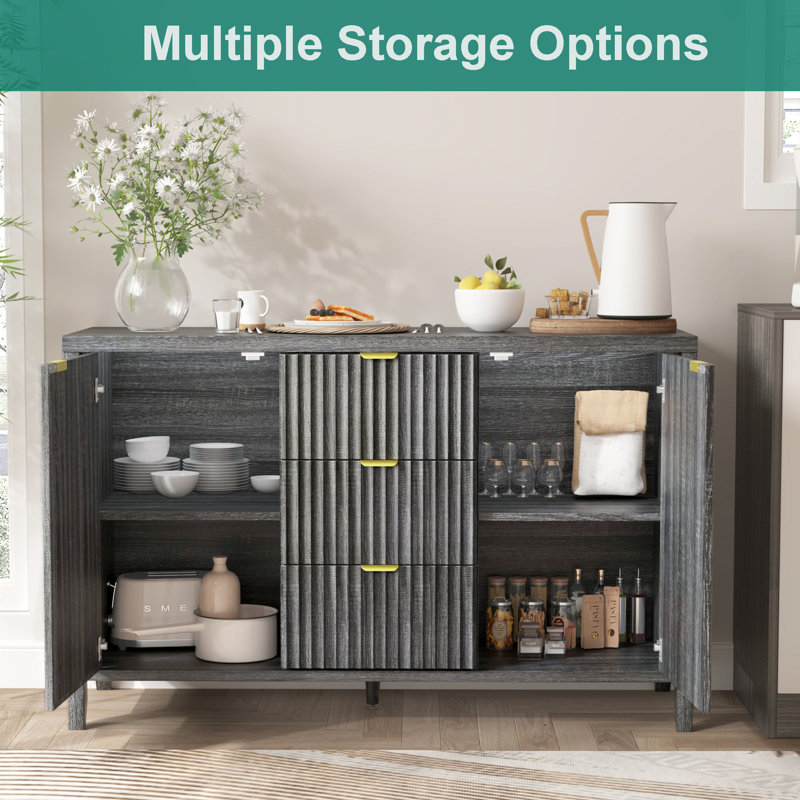 Black Fluted Wood Sideboard with Drawers and Doors, 46.5"