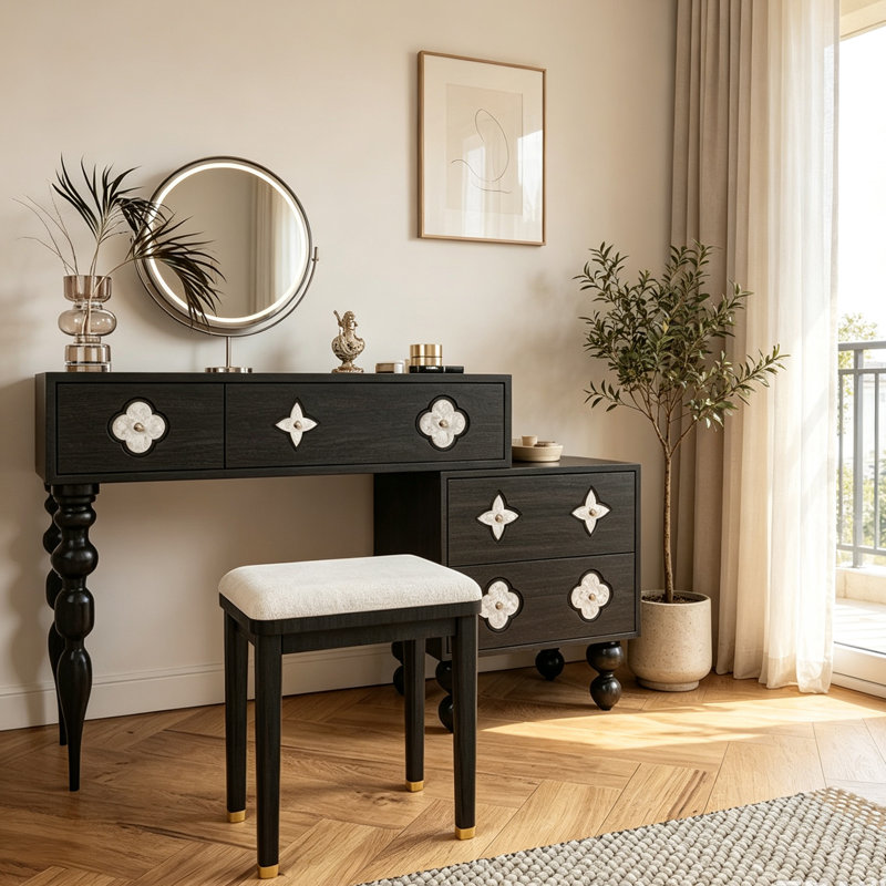 Ensemble de coiffeuse extensible vintage avec meuble à tiroirs et tabouret, H 30,71 po x l 29,53 po x P 15,75 po, Noir