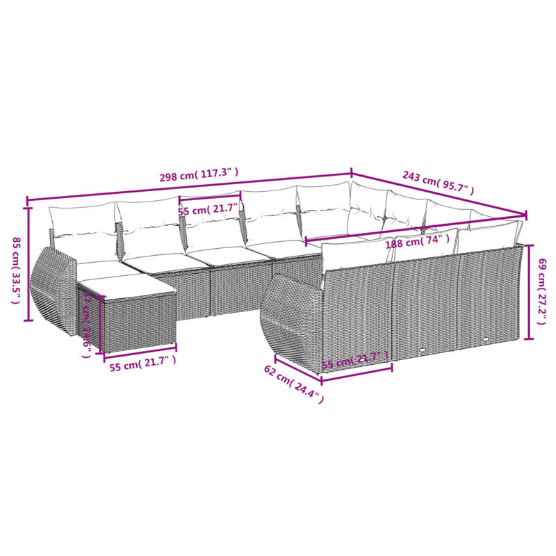  Ensemble de canapé de patio 11 pièces avec coussins en rotin de polyester gris