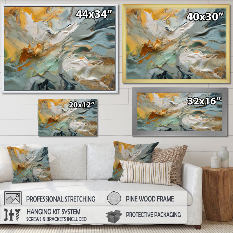 "Spring Joy" abstrait en bleu clair et or - reproduction d'art sur toile, H 34 po x l 44 po x P 1,5 po