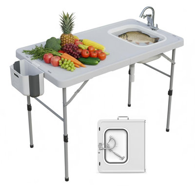 Fish Cleaning Table, Fold in Half Folding Fish Cleaning Table with Foldable Sink, Portable Camping Sink Tables with Drainage Hose