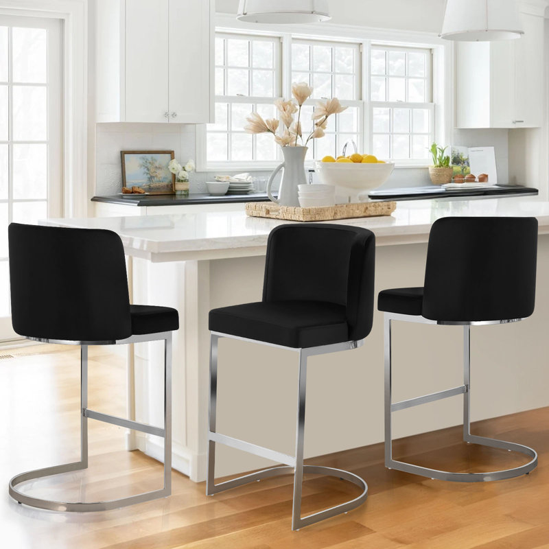 Tabouret de comptoir rembourré 26 po Bittencourt, Velours - noir, 3