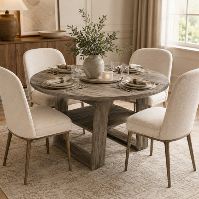 Vonnie 43.3"-59" Extendable Round-to-Oval Dining Table for 4-6 with Self-Storing Butterfly Leaf, H-Shaped Base & Storage Shelf
