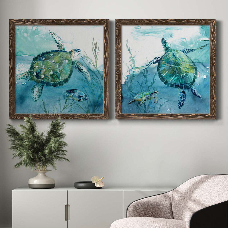 «Delray Sea Turtle I», ensemble de 2 peintures sur toile encadrées, Encadré de bois de noyer, H 27,5 po x l 55 po x P 1,5 po